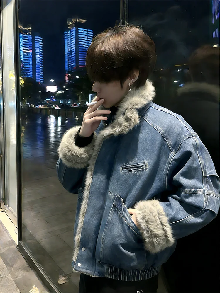 

Waed Thiened Men's Denim Jaet with Stand Collar American Workwear Cotton Coat Youth Trend Winter Warm Zipper Closure