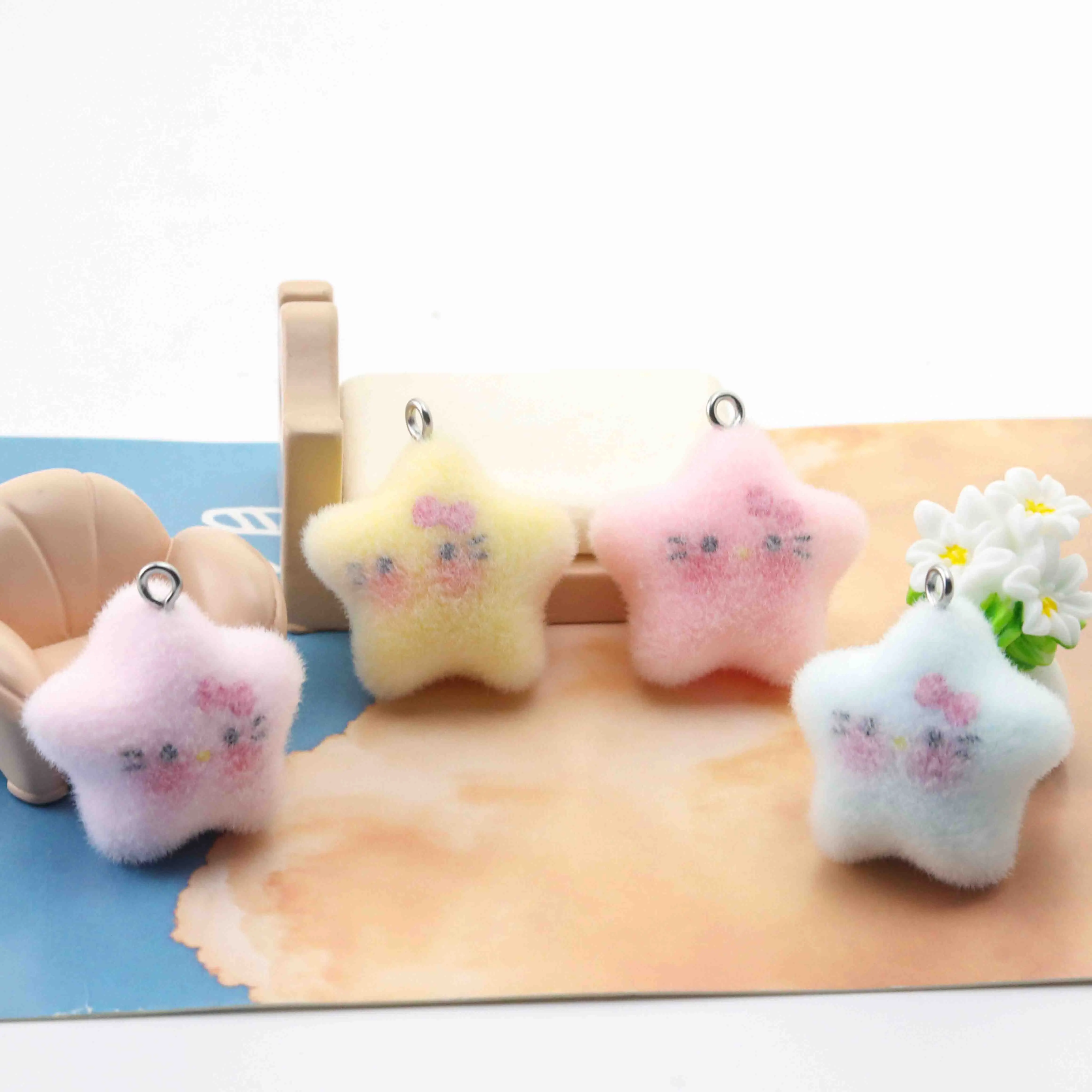 

10pcs Flocking Resin Cute Cartoon Star Pendant Diy Key Chain For Mobile Phone School Bag Necklace Bracelet Pendant Accessories