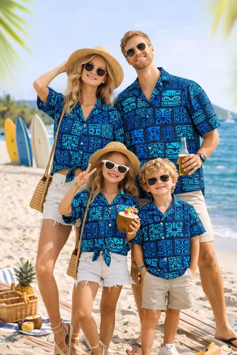 

2026 New Bohemian Hawaiian Shirts for Men Blue Tribal Mask Button Shirts Parent-child Summer Beach Outfits for Vacation