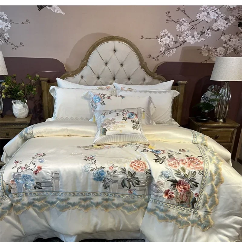 High Precision Brocade And Egyptian Cotton Peony Flowers Embroidered Bedding Set Duvet Cover Set Bed Sheet Bedspread Pillowcase