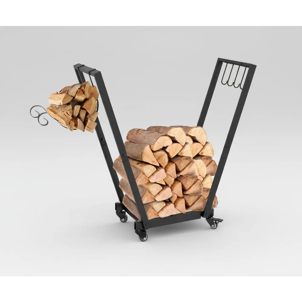 

31 Inch Heavy Duty Firewood Rack with Casters & Hooks, Indoor Outdoor Wood Storage Organizer for Fireplace, Black
