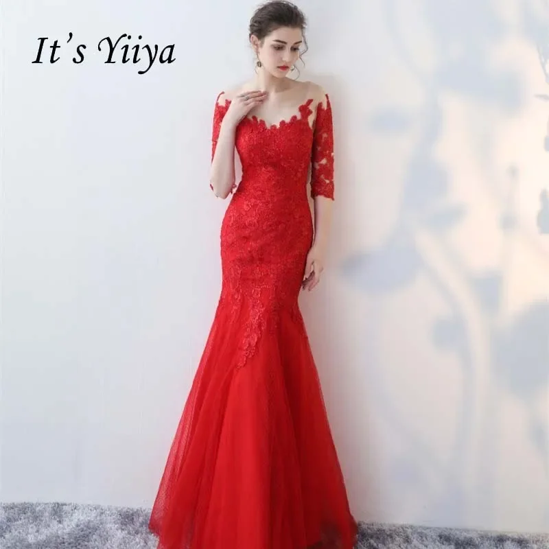 

It's YiiYa Customized Evening Dress Red Appliques Trumpet Mermaid Zipper Floor Length Plus size Woman Party Formal Gown YS023