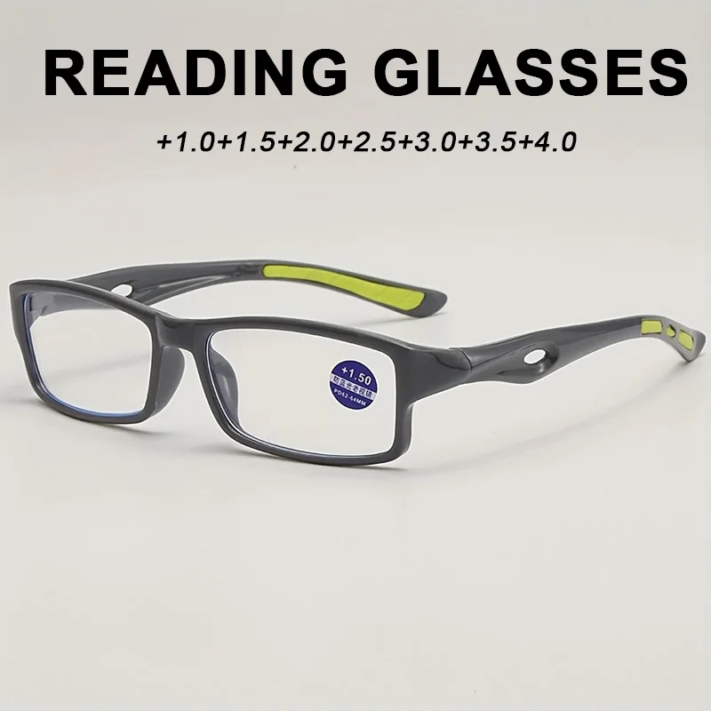 +1,50 Lesebrille für Herren und Damen, sportlicher Stil, dunkelgrauer Rahmen, neongrüner Akzent, leichte, langlebige Brille für Presbyopie, Dail