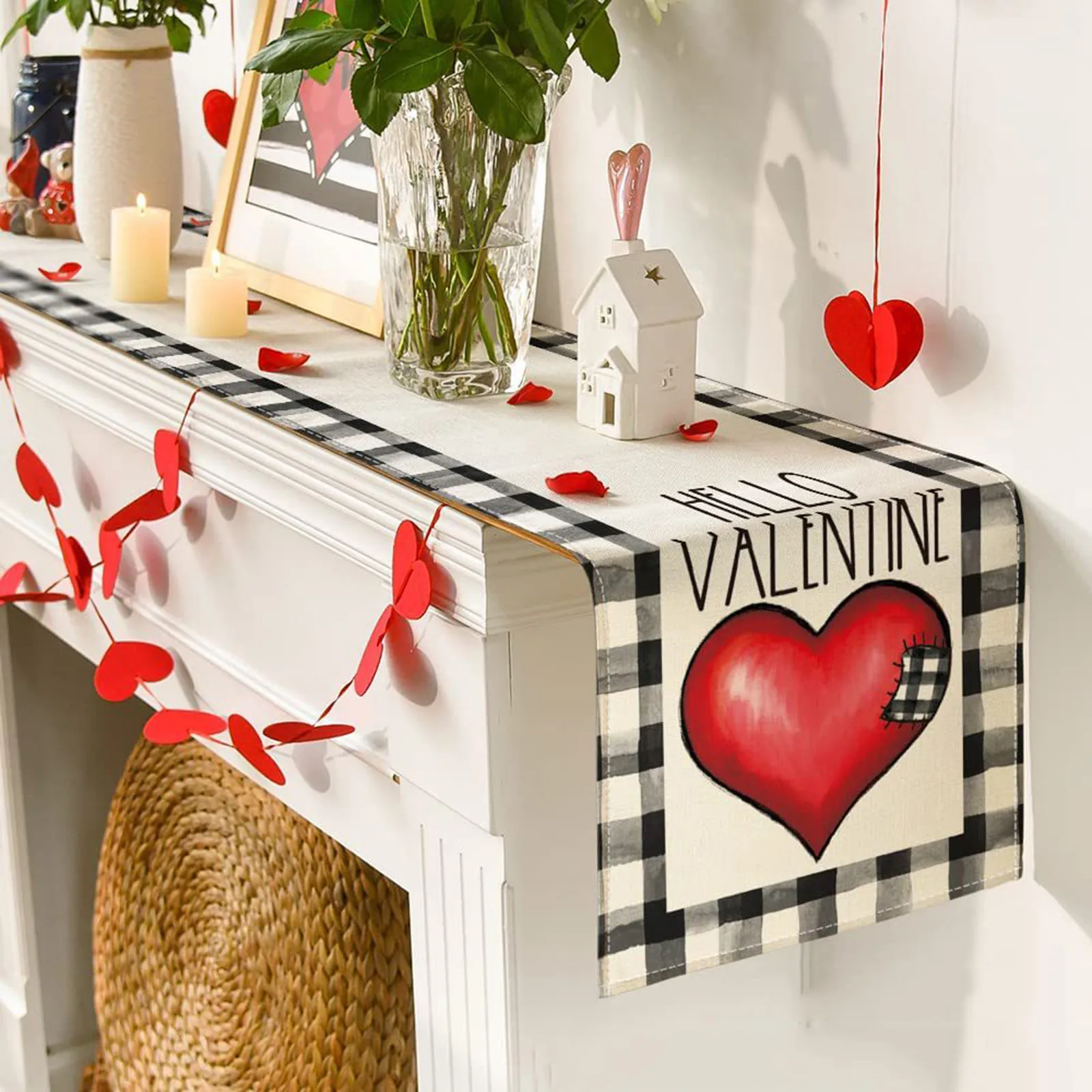 Valentine\'s Day Table Flag Loving Heart Table Runner,Linen Rose  Dining Table Decoration For Wedding Bride Party Tablecloth