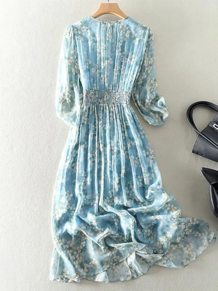 2023 Bohemia Summer Dress For Women Long sleeve V-neck Elegant Blue Chiffon Dresses High Waist Print Beach Long Dresses