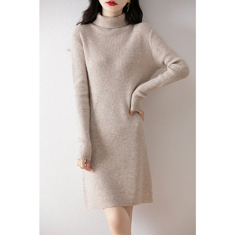 100% Wool Knitting Dress For Woman 2024 New Winter Turtleneck Slim Long Dresses Australian Wool Knit Dresses Women Clothes