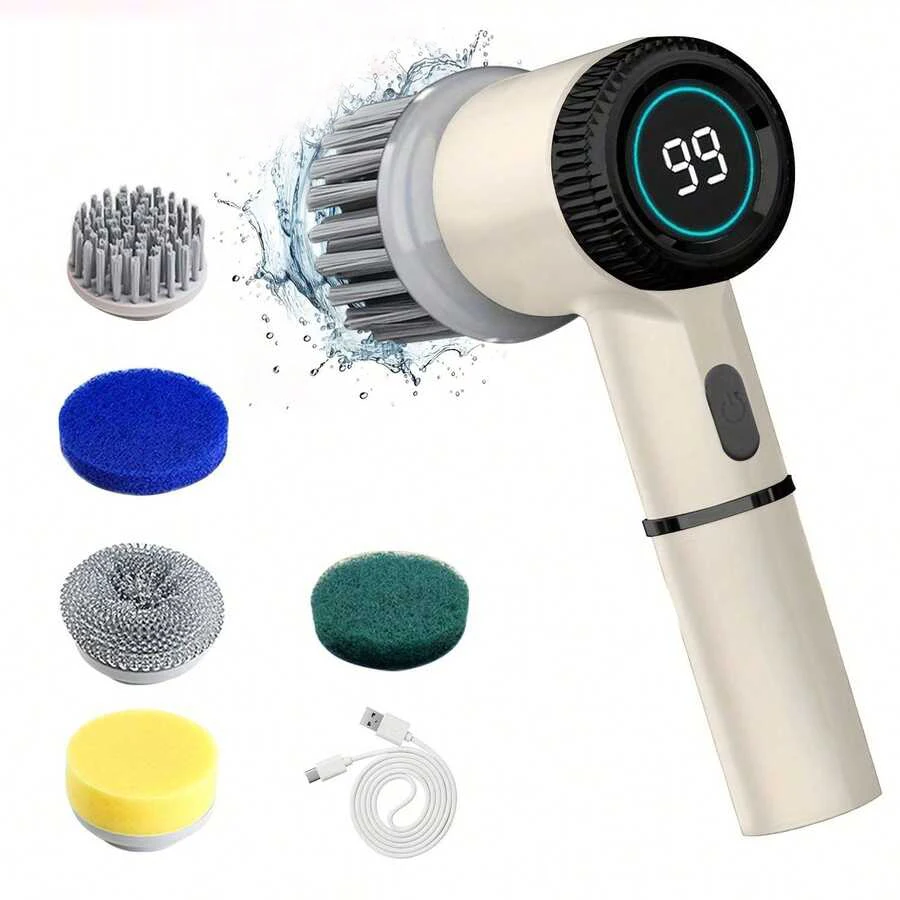 5-In-1 Rechargeable Electric Cleaning Brush Set With USB Charging, Medium Hardness, Multi-Purpose Handheld Brush Tool Kit For Bathroom, Kitchen, Bedroom, Living Room, Toilet - Includes 5 Brush Heads,1 Set Of Electric Cleaning Brushes