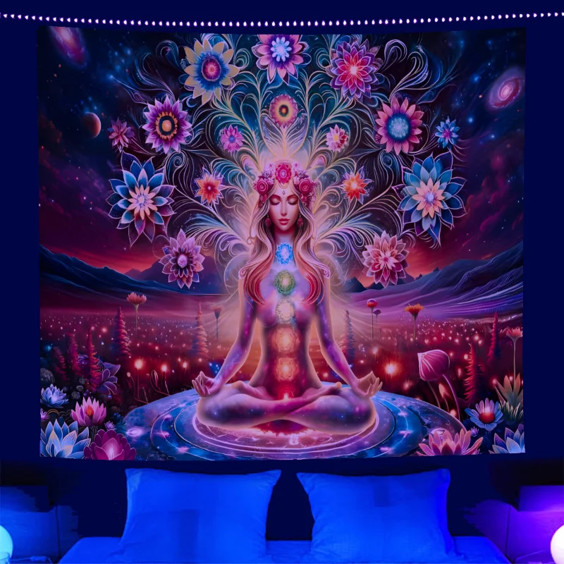 UV Blacklight Tapestry Wall Hanging Psychedelic Chakra Magic Bookshelf Lion Glow Room Home Decor Polyester