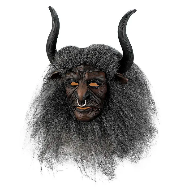 Bull Demon King Mask Black Latex Bull Minotaur Mask Full Head Wild Bison Devil Mask Halloween Cosplay Costume Props AM02