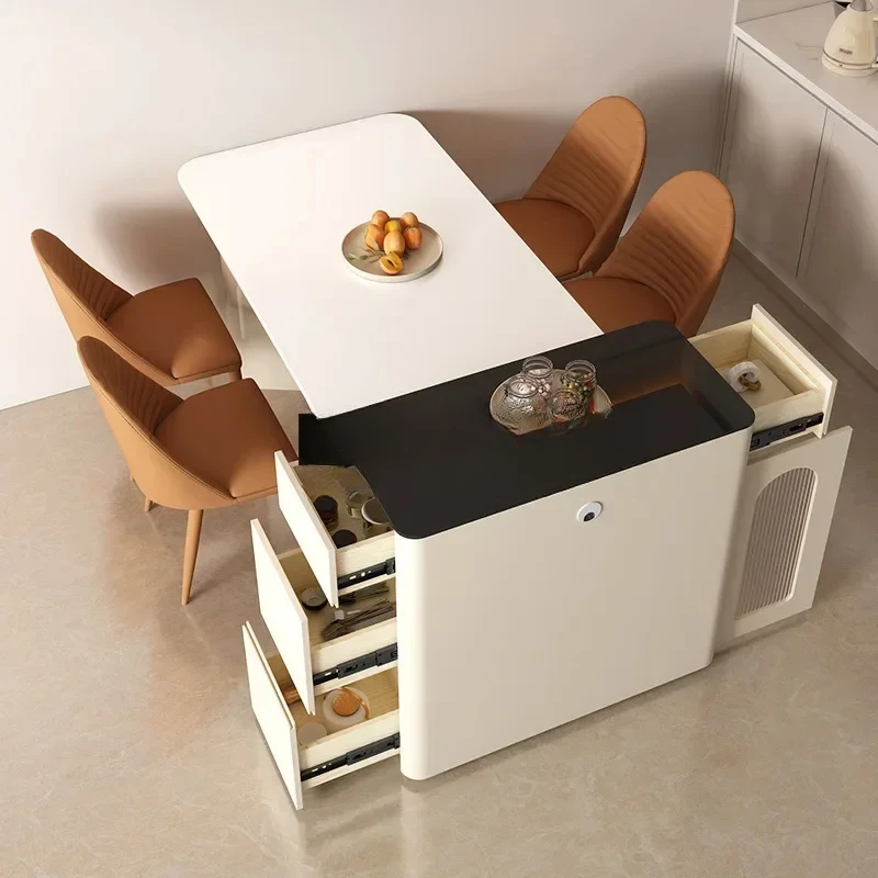 French small apartment island dining table integrated retractable rock slab simple modern home