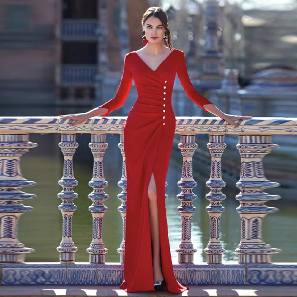 

Elegant Straight Buttons Zipper Back Side silt V-neck Pleats Red Long sleeve Jersey Evening Dress Wedding Party Dubai Women