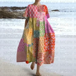 Summer Beach Vacation Multi-color Patchwork Floral Print Women's Casual Short Sleeved Midi Dress