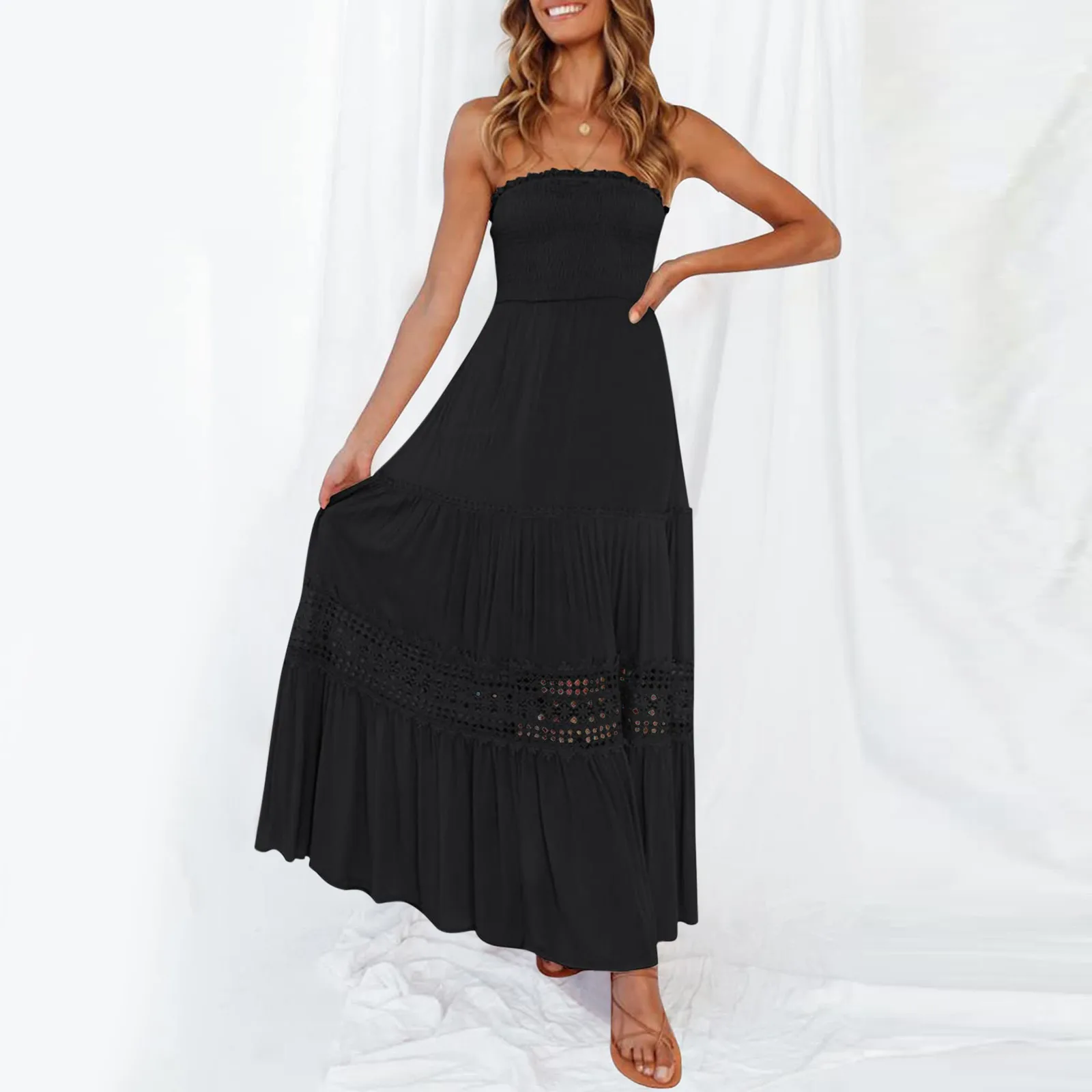 

Summer Bohemian Solid Strapless Long Maxi Dress Women 2023 Sexy Cold Shoulder Lace Trim Backless Party Dress Flowy A Line Robe