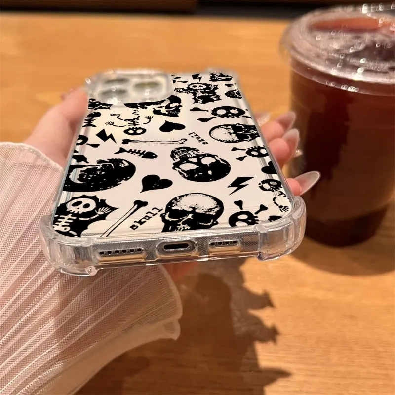 Bonito clássico halloween osso crânio caso de telefone claro para iphone 17 16 14 15 11 12 13 pro max 16e 15 16 plus 17air capa à prova de choque