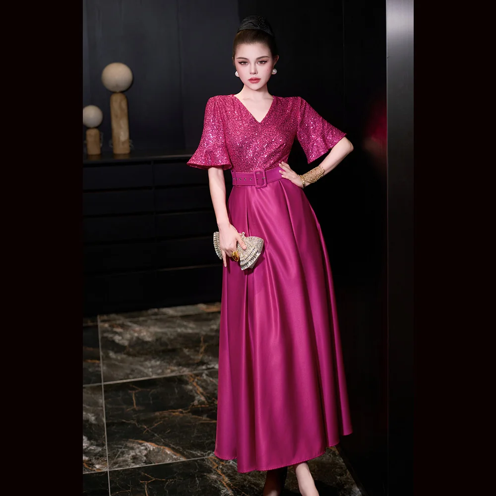 Meyyithun robe de soirée à paillettes pour femmes, col en v, manches courtes, robe de soirée à paillettes, 20251113MX01