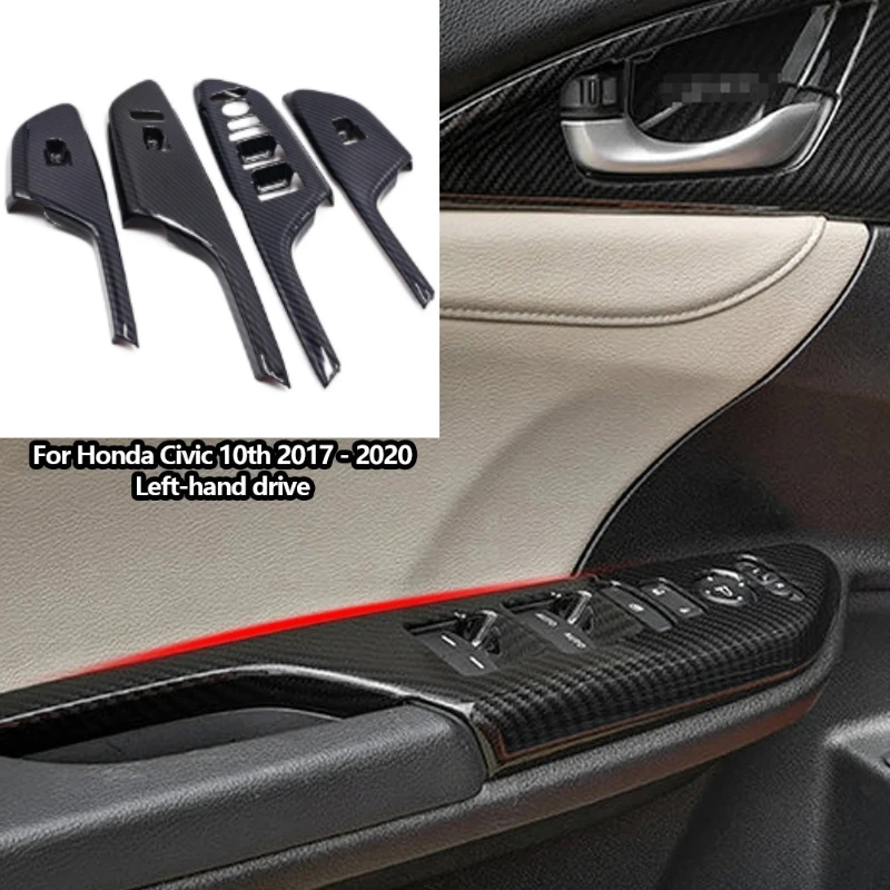 

4PCS Carbon Fiber Interior Door Armrest Glass Button Decorative Stickers Modification Supplies for Honda Civic 10th 2017-2020