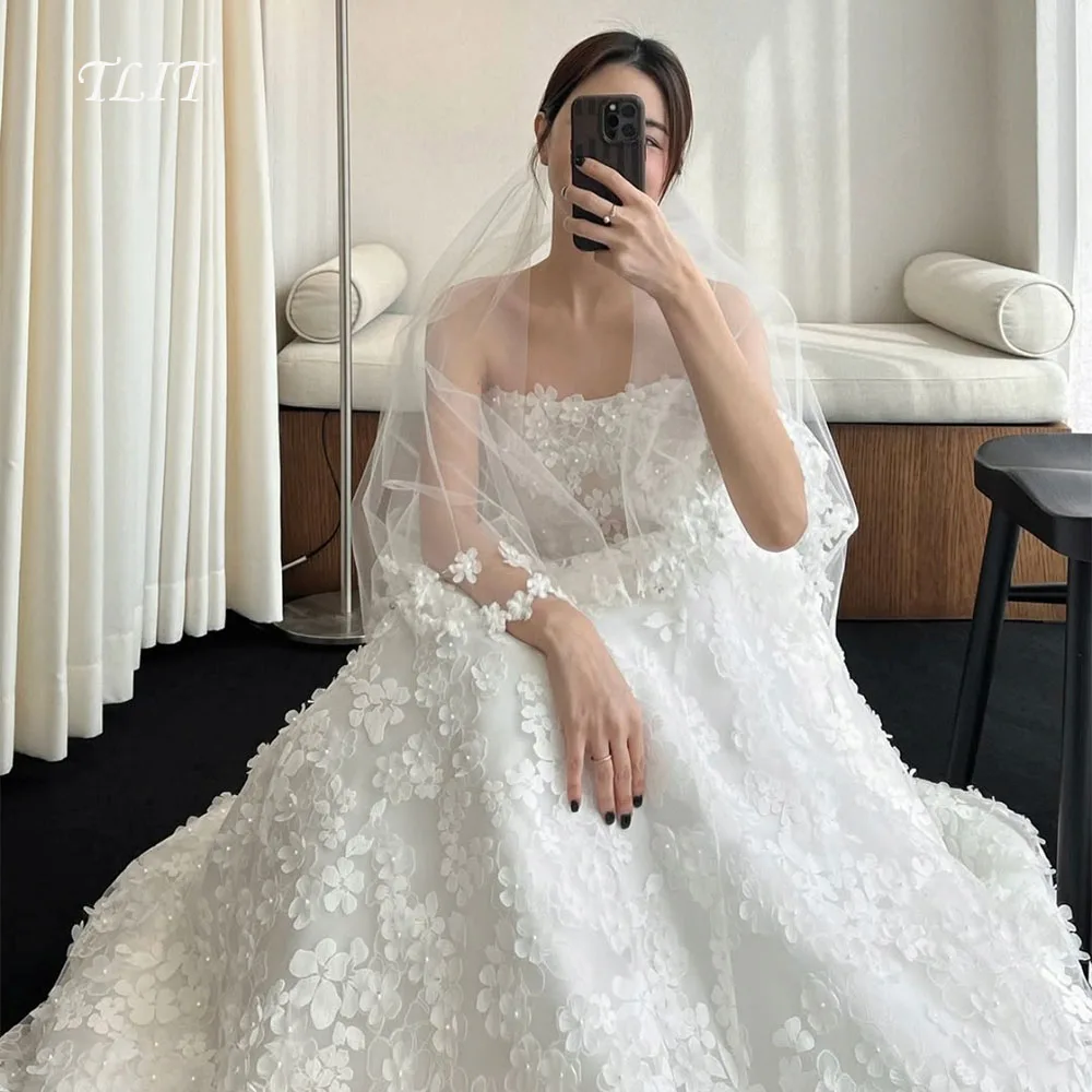 

TLIT Elegant Ivory Tulle A-Line Wedding Dresses Strapless Appliques Bridal Gowns Korea Wedding Dresses Photos Shoot Customized