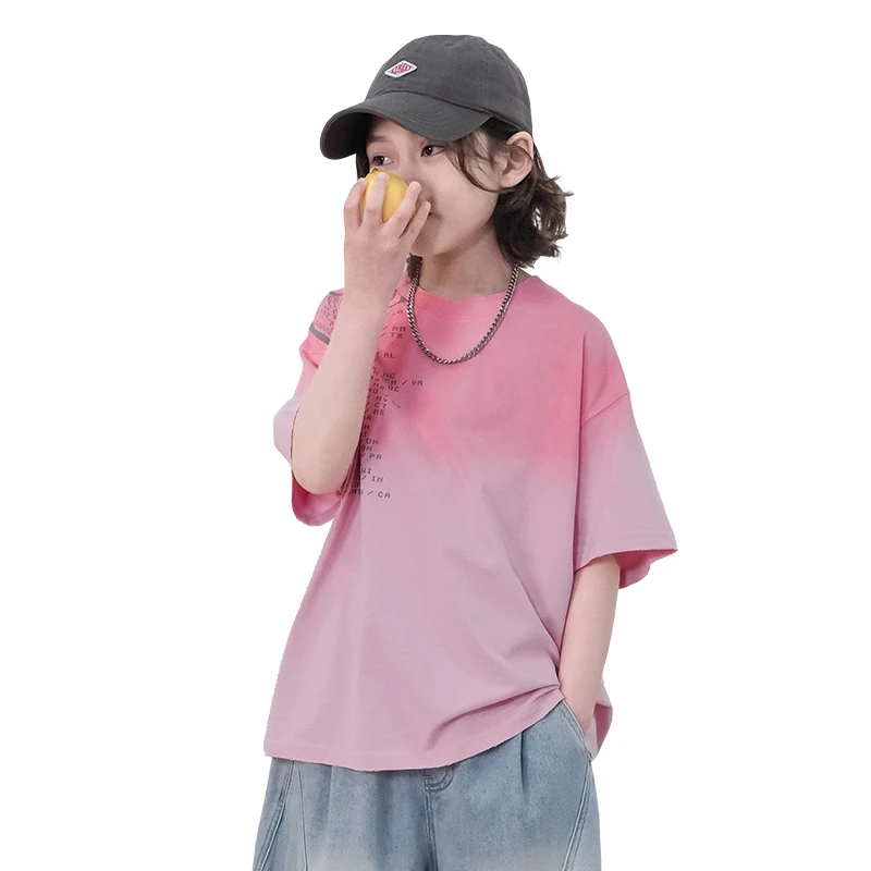 Summer Kids Boys Tshirt Teenagers Casual Cotton Short Sleeve Pink T-shirt Tees Tops Fashion Tween Boy Tee Tops Age 5-14 Years