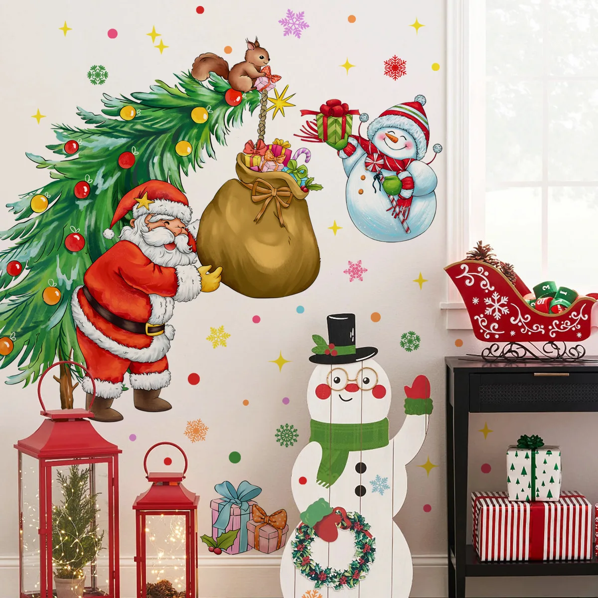 Creative new Christmas cartoon Christmas tree Santa Claus snowman decorative beautification wall stickers sold well