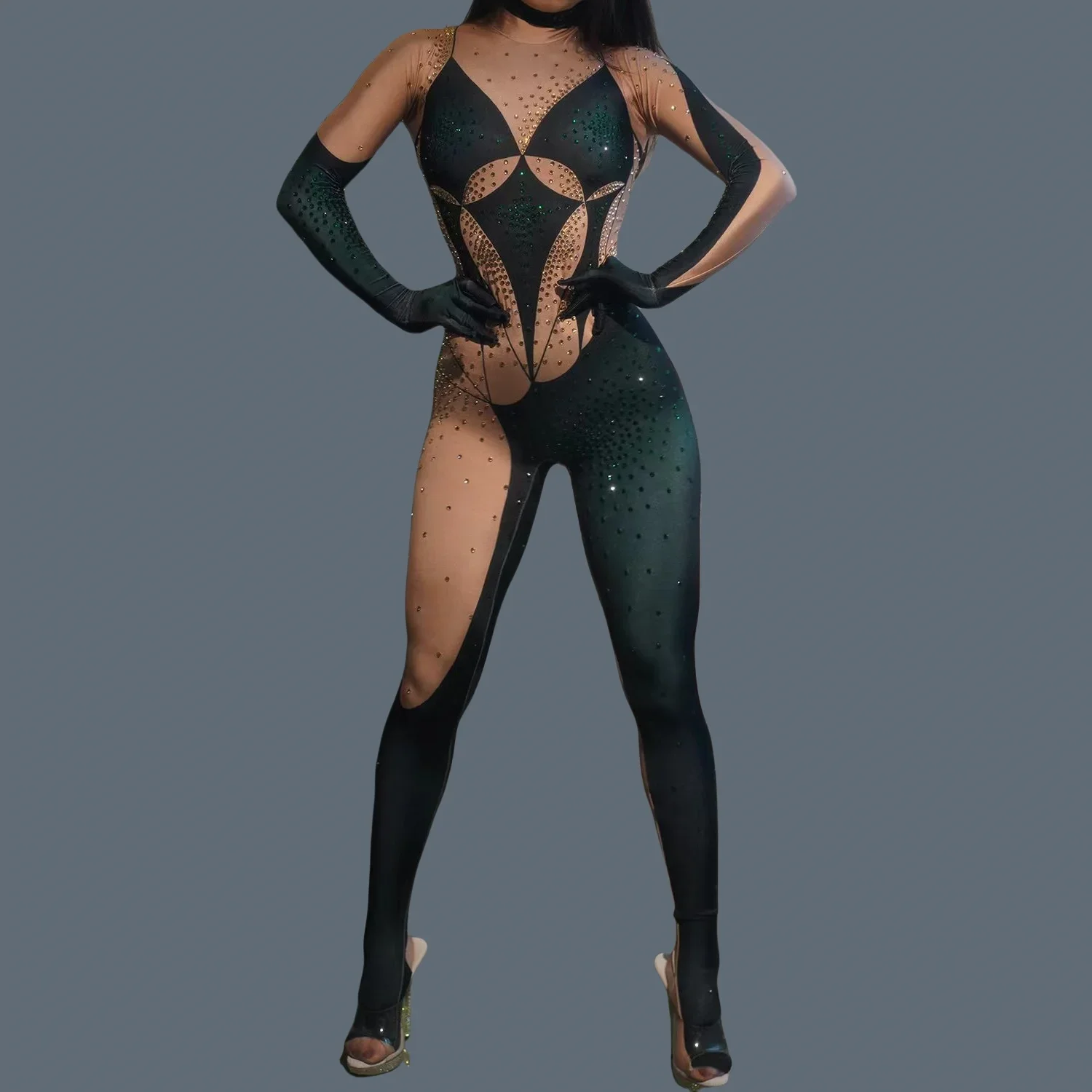 Frauen Spandex Grün Eng Anliegende Overall Handschuhe Nacht Party Strass Elastische Outfit Club Showgirl Bühne Show Tragen