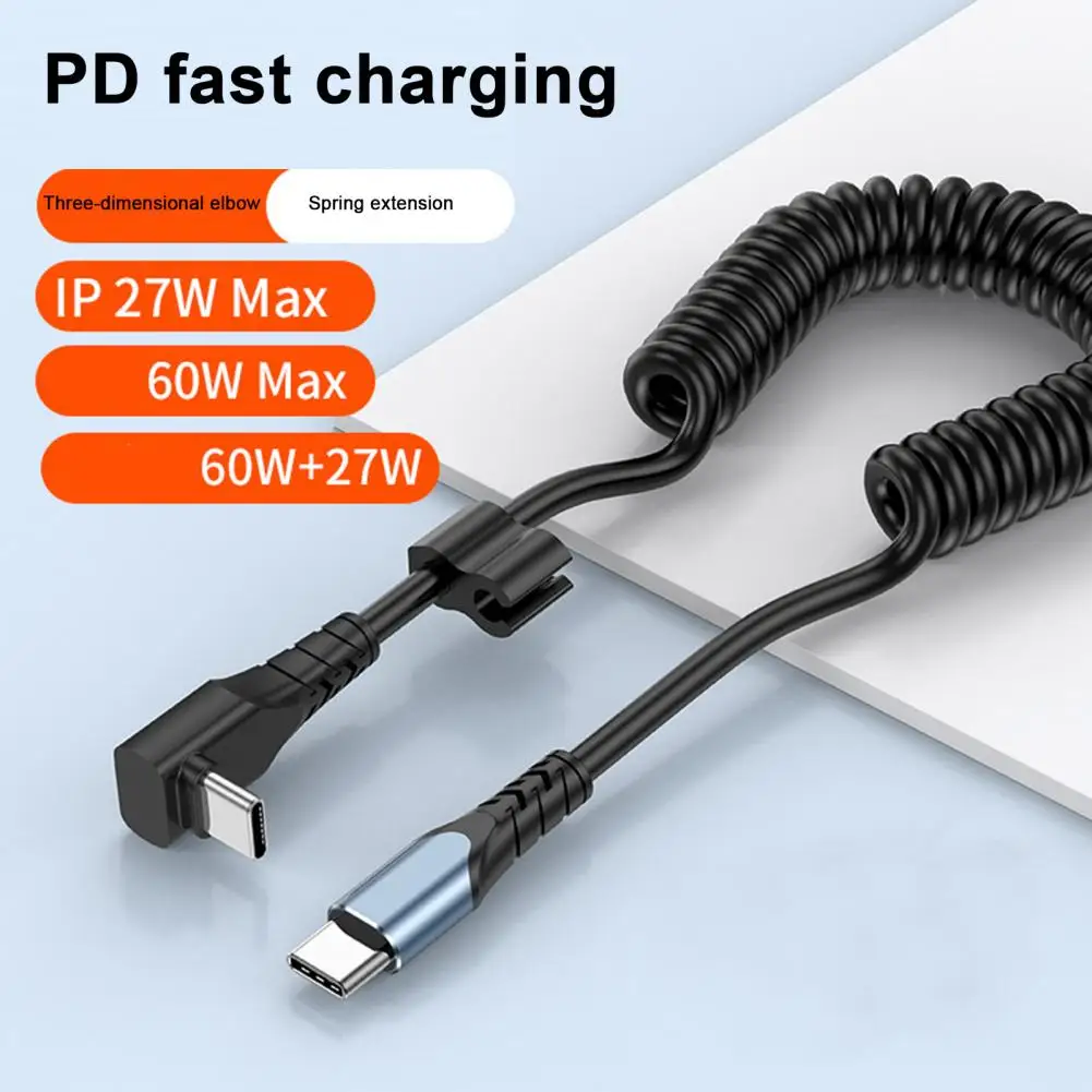 27/60W Car Type-C Cable Fast Charging Safe Space-saving Telescopic Spring TPU Data Cable For Tesla Model3/Y