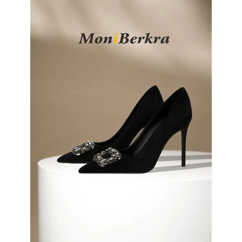 

Diamond square buckle black high heels, slim heels, fashionable temperament, suede professional pointed French single shoes
