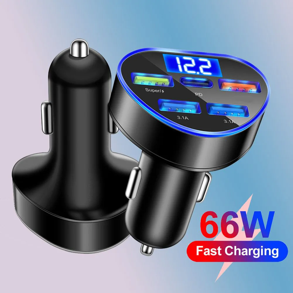 

66W 5-in-1 Digital Display Car Charger 12-24V 5-Ports Super Fast Charge LED Display Monitors The Car Battery Voltage In Real