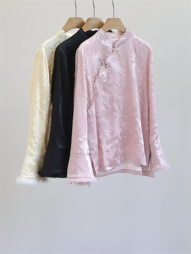 

Женская шелковая блузка Ele Chinese Sle с воротником-стойкой, боковыми пуговицами, длинными рукавами, цветочным кружевом и вышивкой, модный топ R58