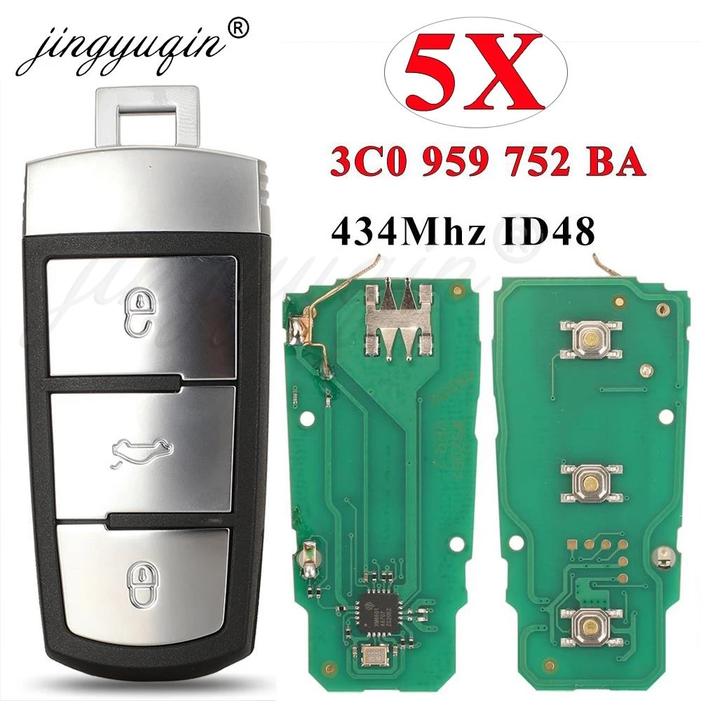 jingyuqin 5 stuks 3C 0959752 BA Afstandsbediening Autosleutelzakje 434 Mhz ID48 Chip Voor Volkswagen fit VW Passat B6 3C B7 Magotan CC 3 knoppen