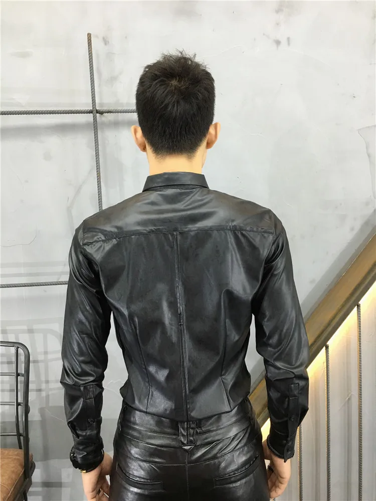 S-6XL 2024 New Men\'s Clothing Hair Stylist GD High Quality PU Fashion Slim Leather Shirt PLUS SIZE Singer Costumes