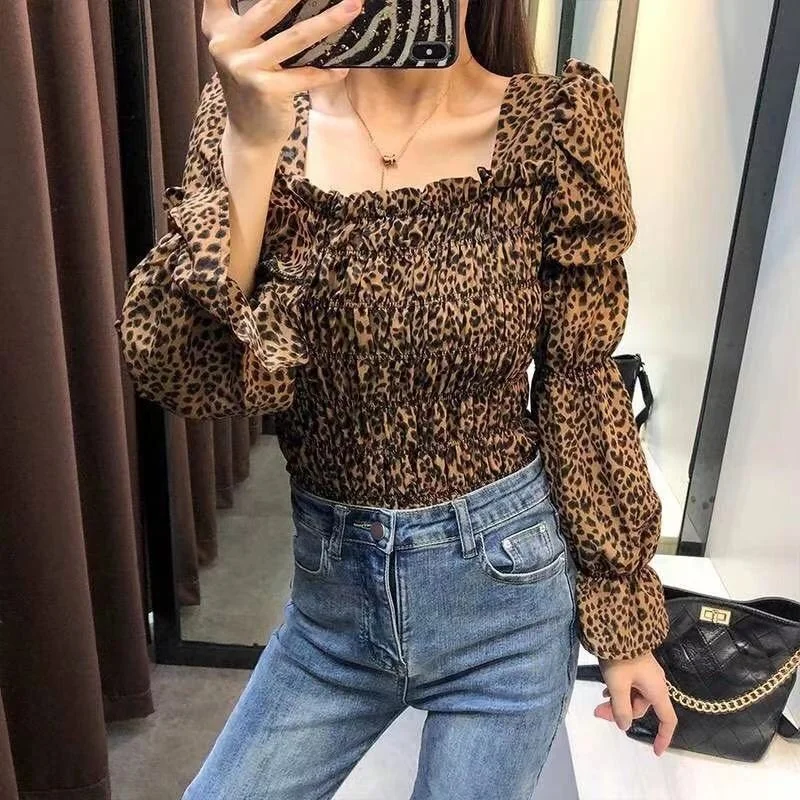 Leopard Print Women Blouse Fashion Elegant Square Neck Shirts Autumn Short Tops Long Sleeve Casual Clothing