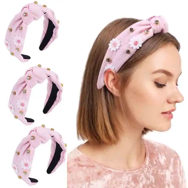 

ncmama Fashion Wide Cross Knot Headband Cute Daisy Rhinestone Hairband for Women Adult Hair Hoop Girl Headwear Hair Accessories