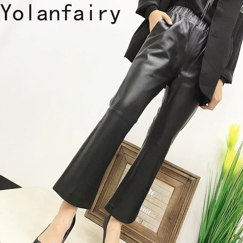 

Genuine Leather Pants Korean Style Micro Flare Pants Sheepskin Elastic Waist Women Trousers Real Sheepskin Women Pants SGG