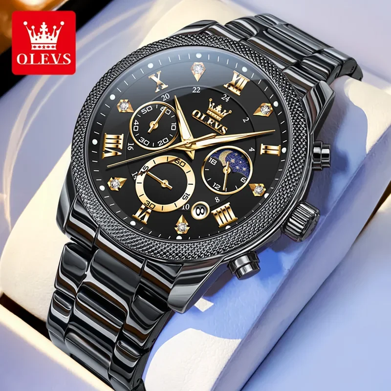 

OLEVS 3660 High Quality Men's Watch Moon Phase Waterproof Auto Date Stainless Steel Strap Roman Dial Watch Man