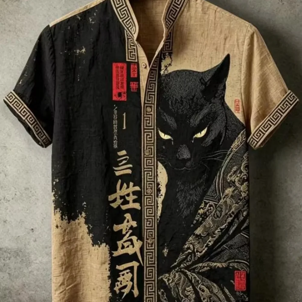 2026 Summer New Men's Samurai Cat Printed Shirt Japanese Ukiyo-style Stand up Collar Short Sleeve Loose Casual Plus Size Shirt