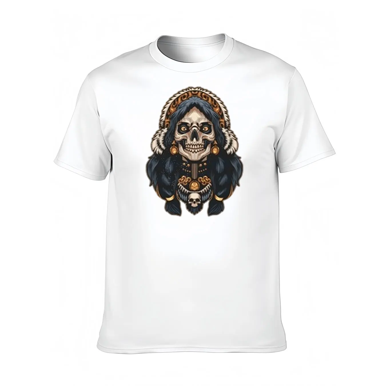 

Men's Cotton Tee With Ornamental Skull And Tribal Print, Soft Crew Neck Shirt For Outdoor, Halloween Gift