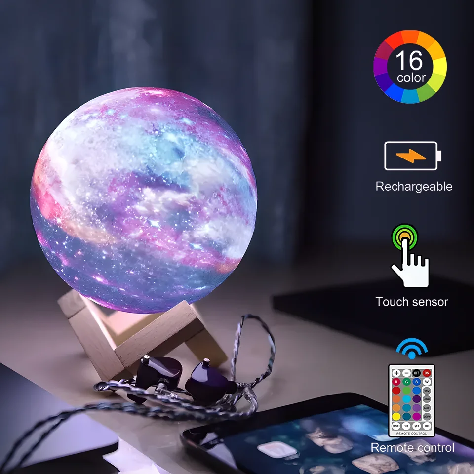 3D Printed Starry Star Moon Lights 16colors Colorful Rechargeable Touch Night Light Home Decor Creative Gift USB Table Lamp