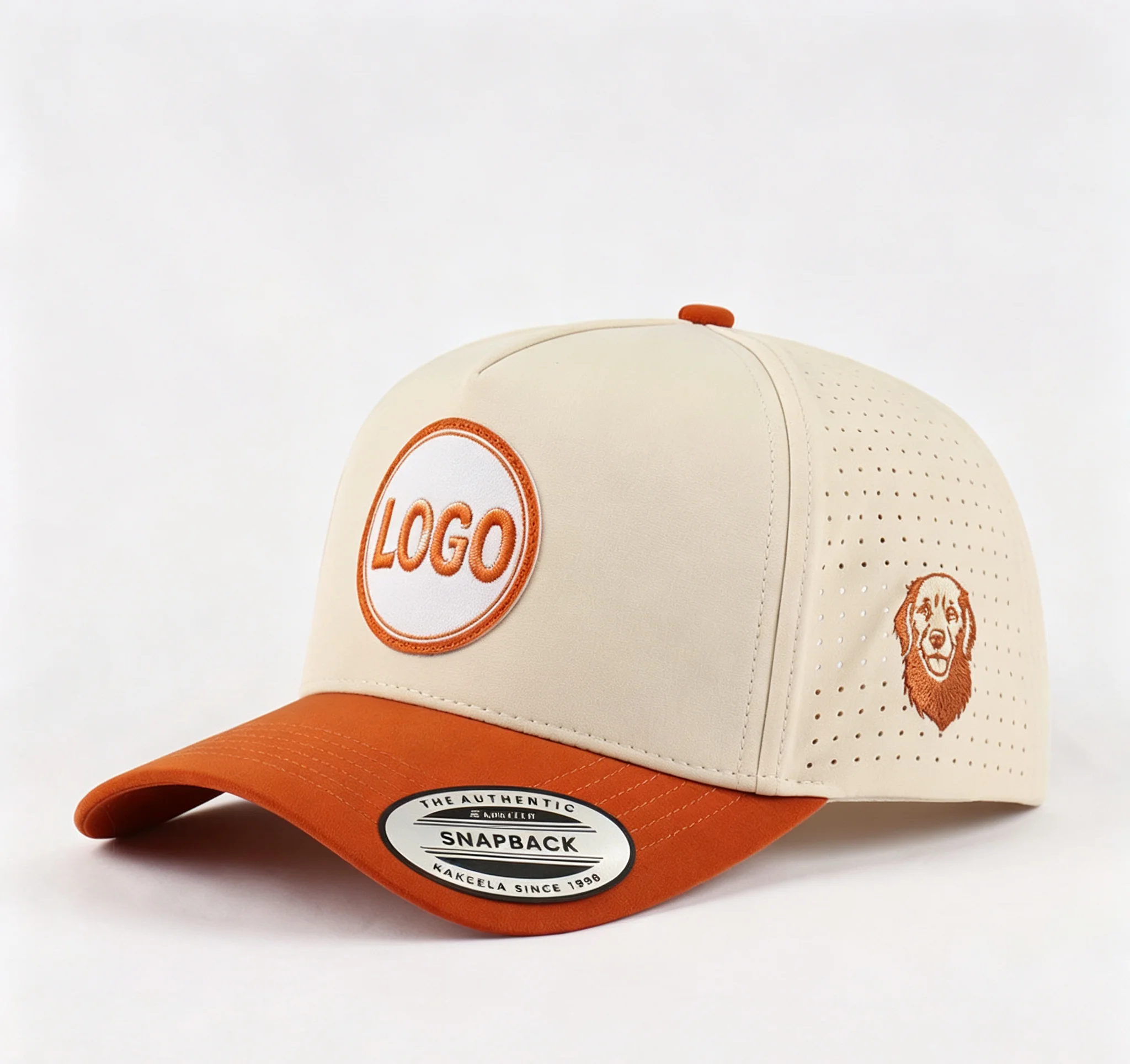 Custom Men's 5-Panel Laser Cut Hole Perforated Baseball Cap Waterproof Sport Hat with Dog Woven Label Logo High Quality OEM ODM
