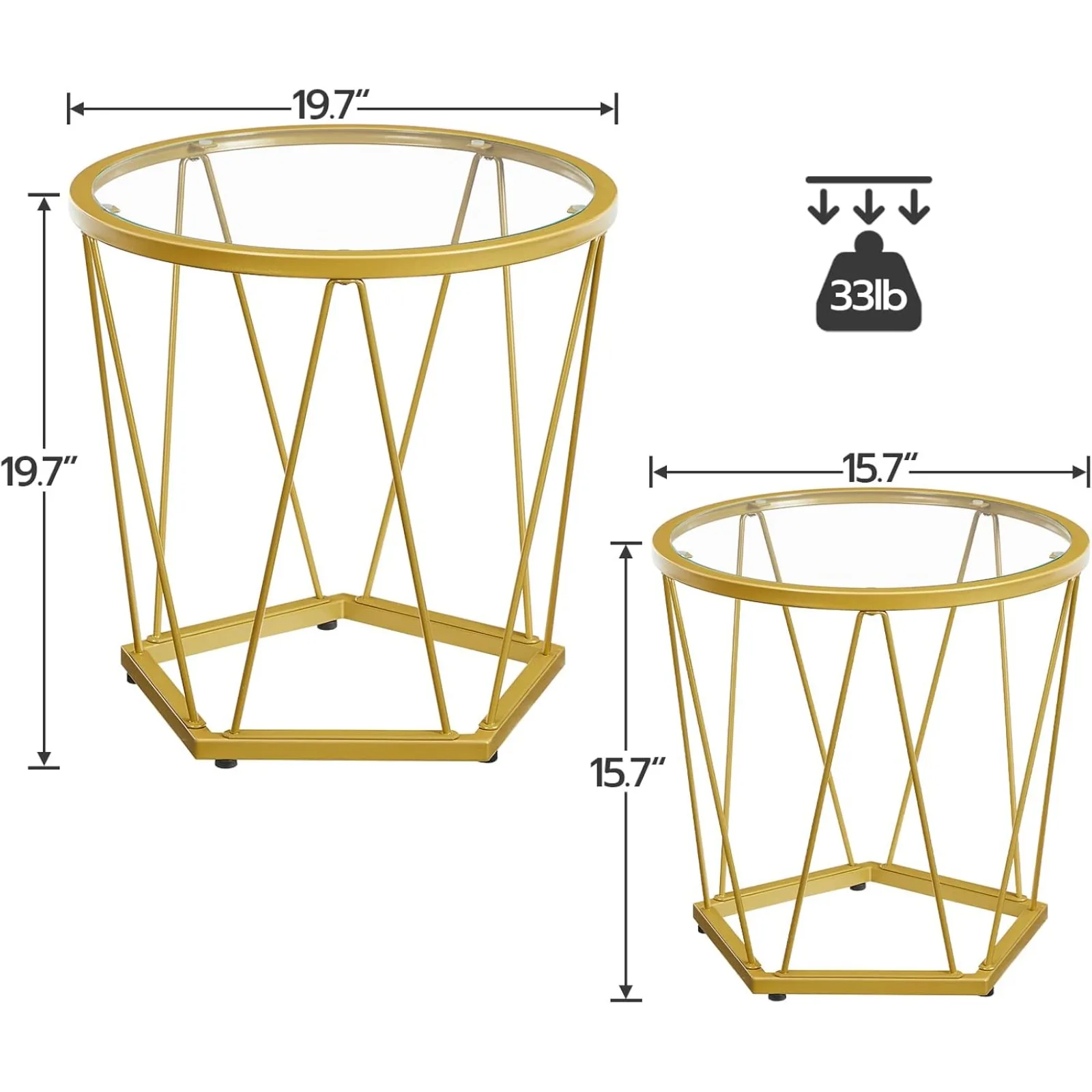 US Small Coffee Table Set of 2, Round Coffee End Table with Metal Frame, Glass Top, Gold Side Table for Living