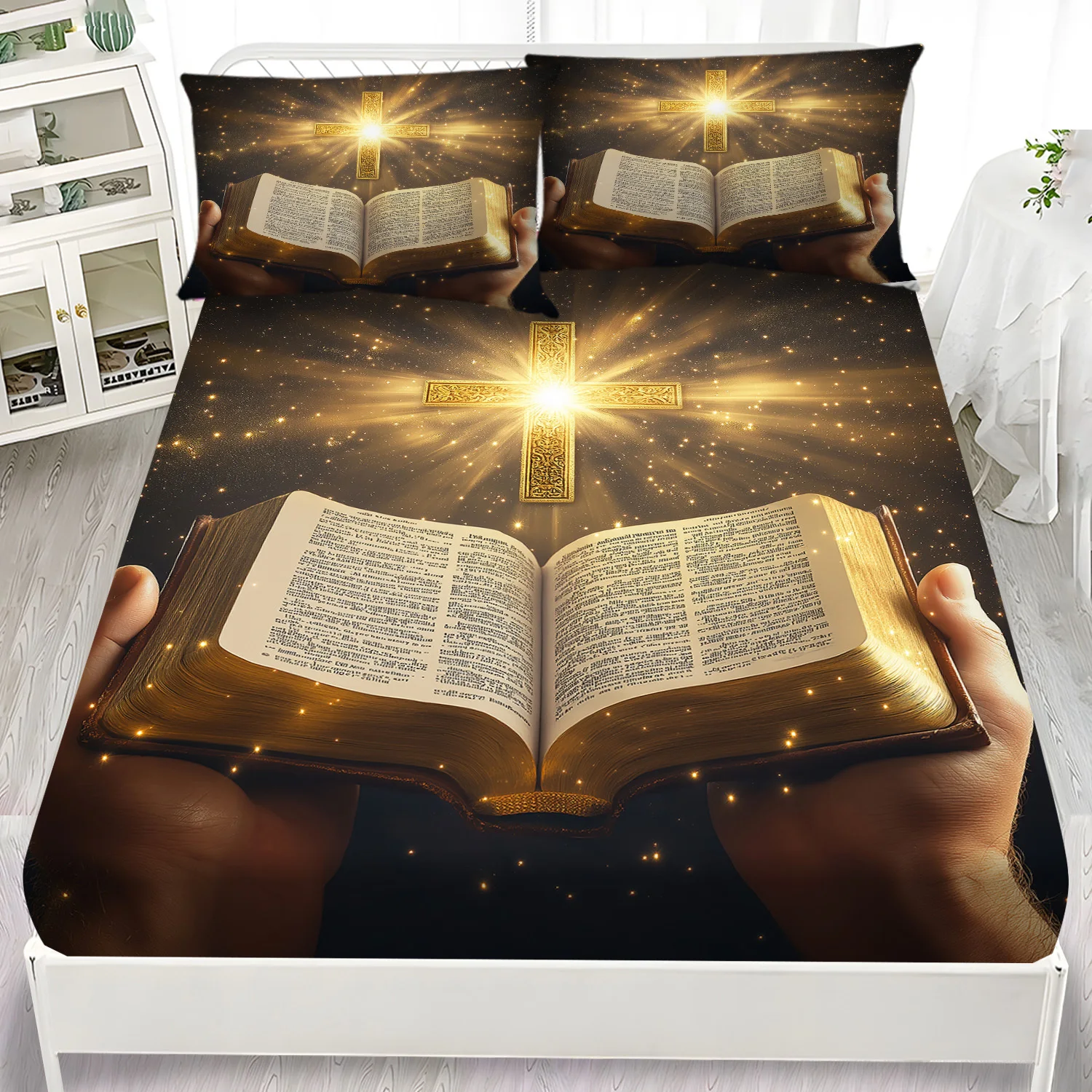 Latacaca 3pcs Religious Bible and Cross Fitted Sheet Set, 1 Fitted Sheet and 2 Pillowcases, All Seasons Bedding Set, Perfect