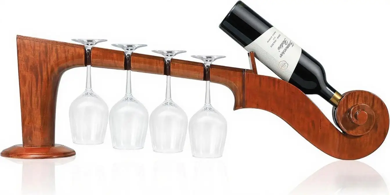 Violin-style solid wood wine rack - holds 1 bottle and 4 cups, unassembled tabletop for kitchen, bar, gifts