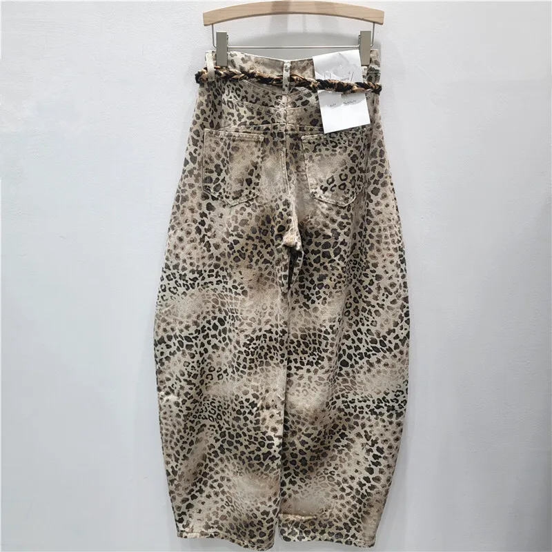 ANJY خريف جديد جينز نسائي مغسول عتيق متدرج بطبعة الفهد ملابس الشارع الشهير الهيب هوب Y2K سروال دينم عصري A11295