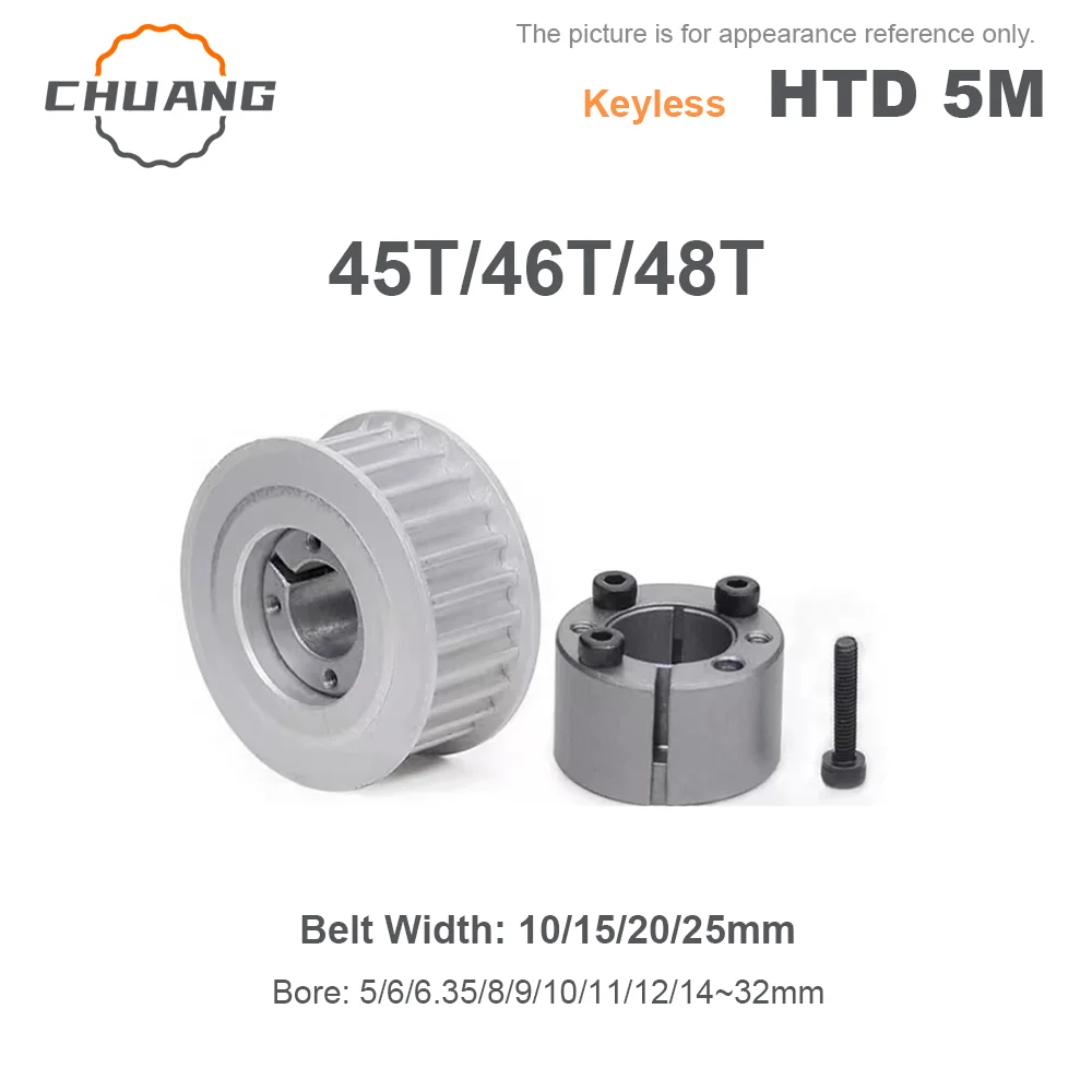 HTD 5M 45T/46T/48Teeth Timing Pulley Keyless Bushing Bore 5/6/8/9/10/11/12/14/15~ 32mm for Belt Width 10/15/20/25mm