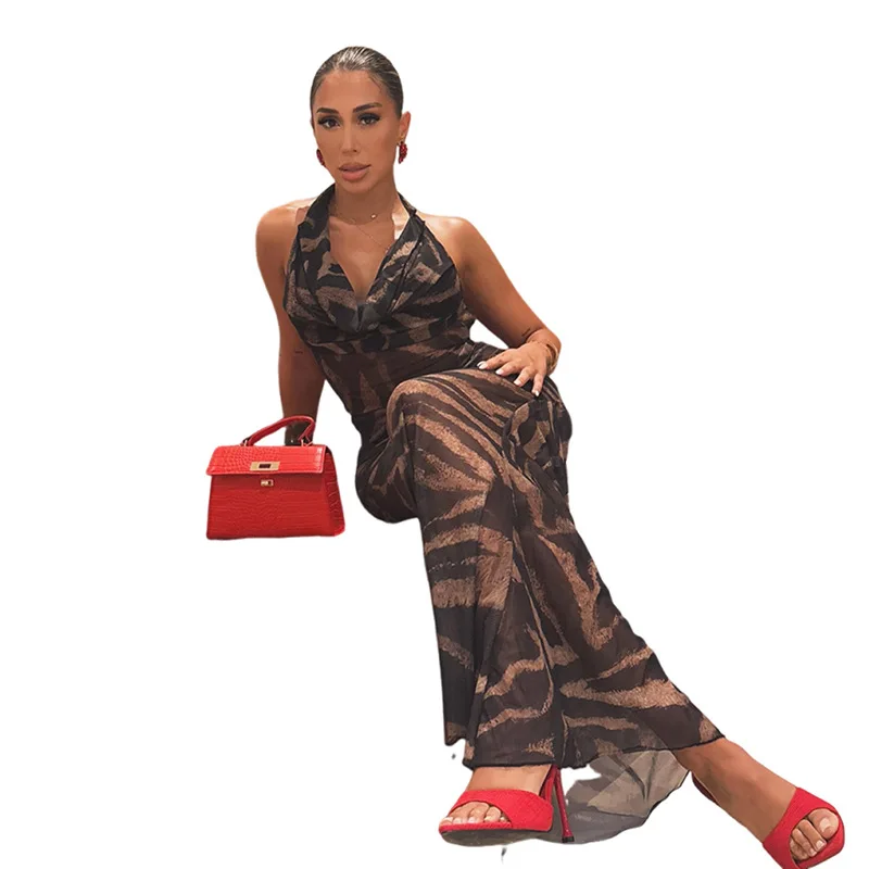 Women Sexy Zebra Stripes Print Bodycon Maxi Party Dress Swinging Collar Sleeveless Halter Backless Slim Clubwear Long Robe