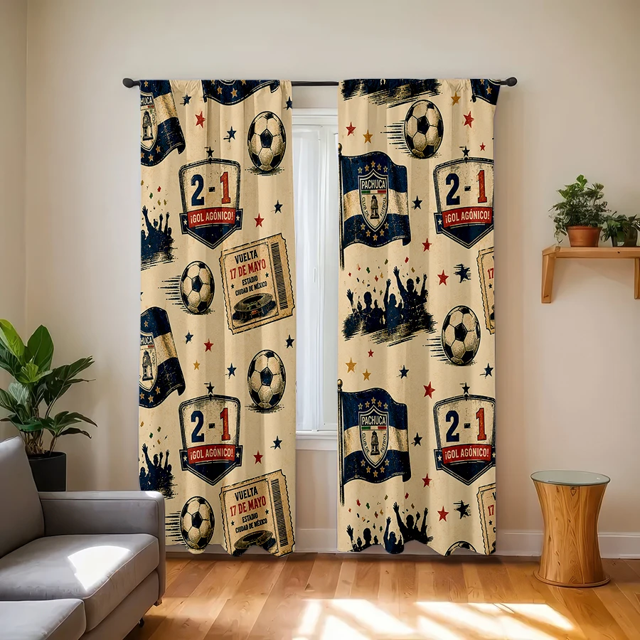 2 Cortinas con Estampado de Patrón Continuo Vintage del Pachuca de Fútbol, con Bandera del Equipo, Puntuación del Partido, Balón de Fútbol, Boleta de Partido, Diseño de Animación