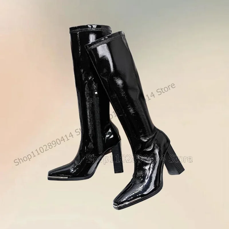 

Metal Decor Black Patent Leather Pointed Toe Boots Side Zipper Women Shoes Chunky High Heels Fashion 2025 Zapatos Para Mujere