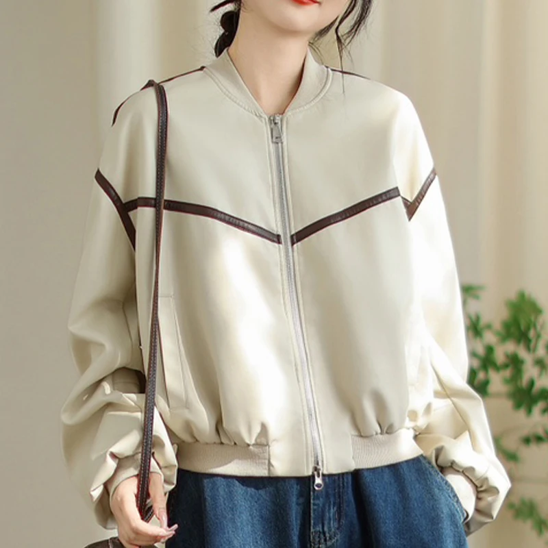 Masss Wasss Autunno Donna Tempo libero Moda allentata Giacche classiche in PU Giacche a vento vintage da donna Cappotti eleganti con scollo a V in ecopelle