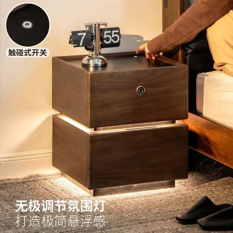 Solid wood bedside table, smart bedside table with lock, light luxury walnut small cabinet, locker with socket.