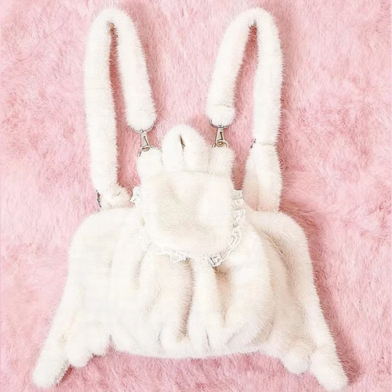 

Белый рюкзак из искусственного меха с крыльями ангела, милая сумка через плечо с кружевным декором в стиле каваи, плюшевая мягкая стильная зимняя повседневная сумка