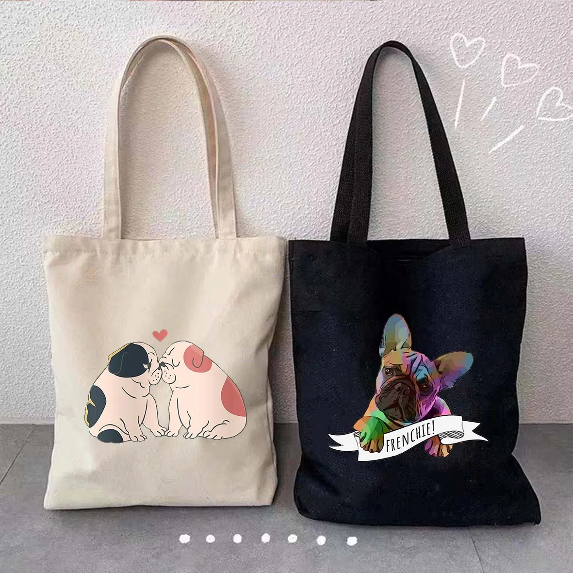 Funny Dachshund Dog Cute Heart English Nope French Bulldog Women Cotton Shopping Bags Eco Tote Canvas Cloth Shoulder Bag Handbag